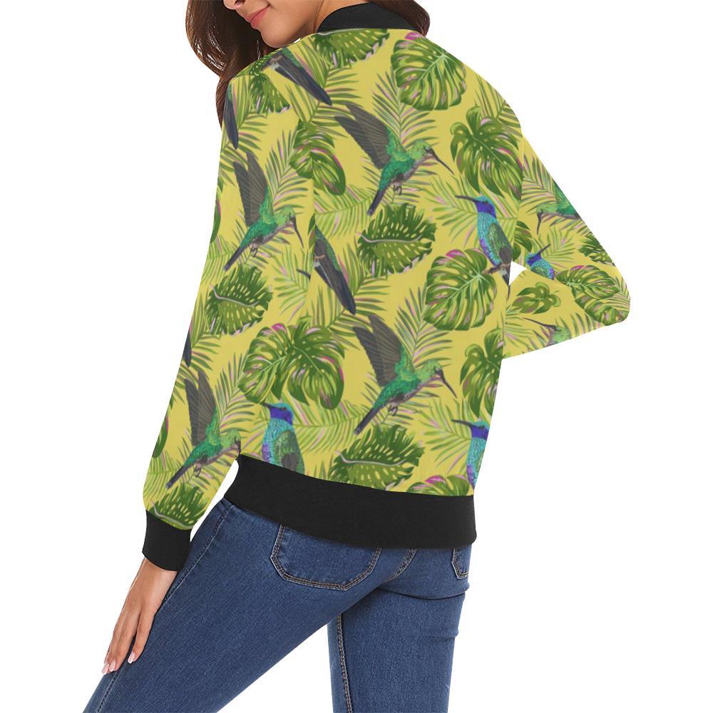 Hummingbird Palm Leaves Pattern Print Women Casual Bomber Jacket-grizzshop