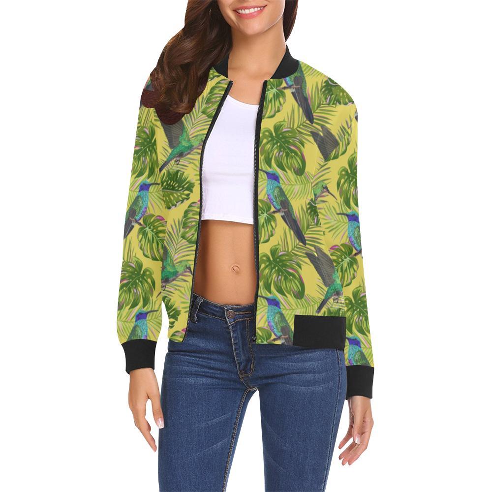 Hummingbird Palm Leaves Pattern Print Women Casual Bomber Jacket-grizzshop