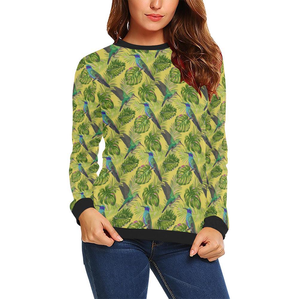 Hummingbird Palm Leaves Pattern Print Women Crewneck Sweatshirt-grizzshop