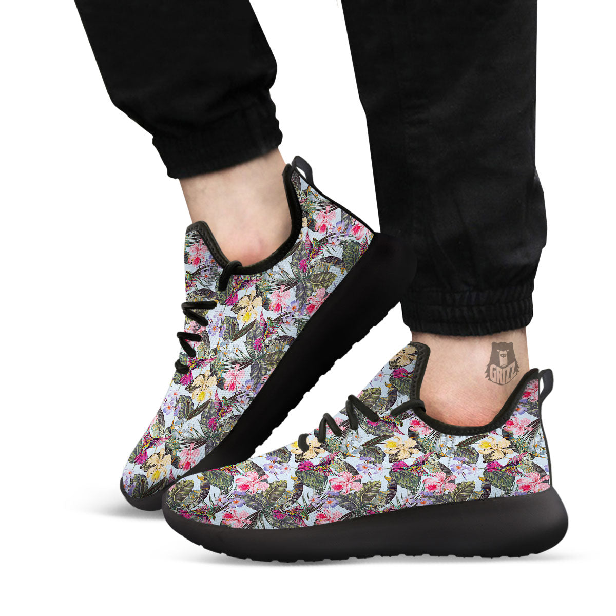 Hummingbird Tropical Print Pattern Black Athletic Shoes-grizzshop