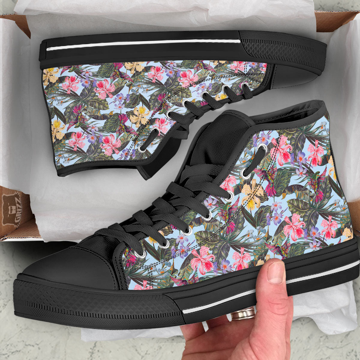 Hummingbird Tropical Print Pattern Black High Top Shoes-grizzshop
