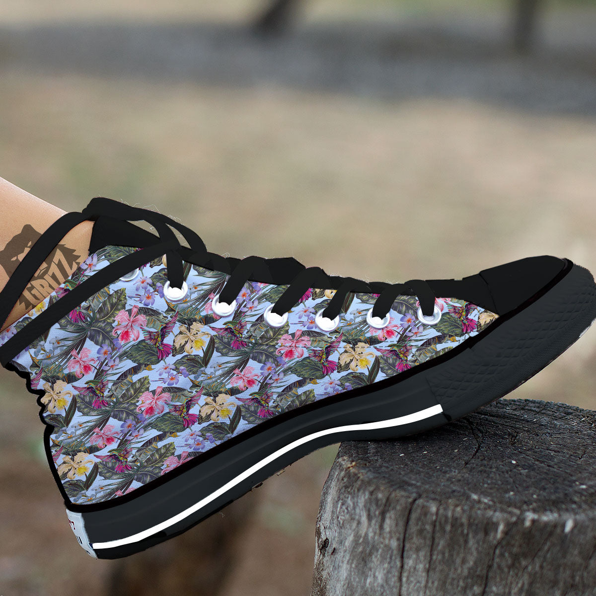 Hummingbird Tropical Print Pattern Black High Top Shoes-grizzshop