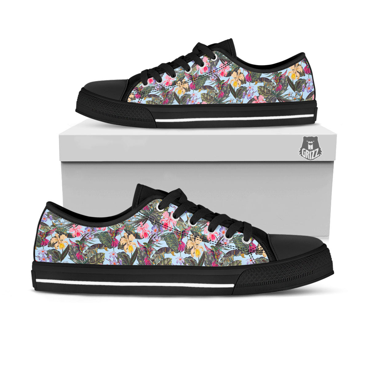Hummingbird Tropical Print Pattern Black Low Top Shoes-grizzshop