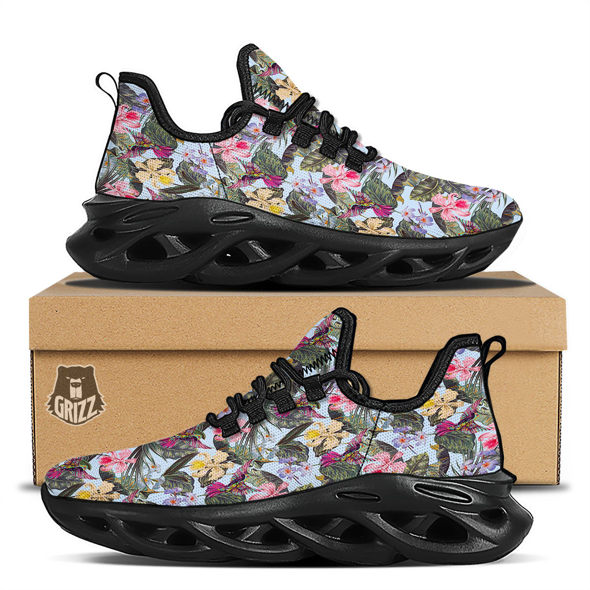 Hummingbird Tropical Print Pattern Black Running Shoes-grizzshop