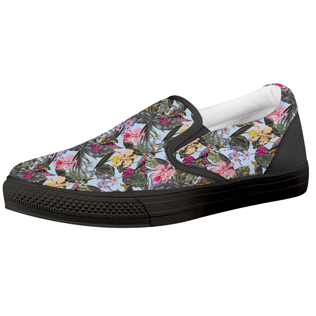 Hummingbird Tropical Print Pattern Black Slip On Shoes-grizzshop