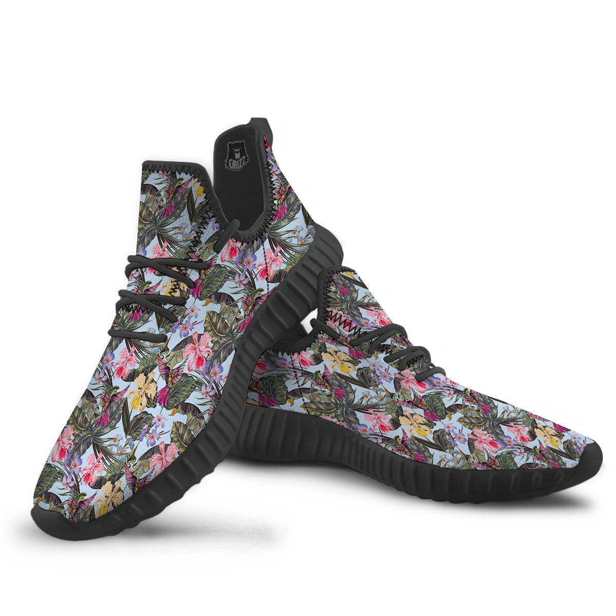 Hummingbird Tropical Print Pattern Black Walking Shoes-grizzshop