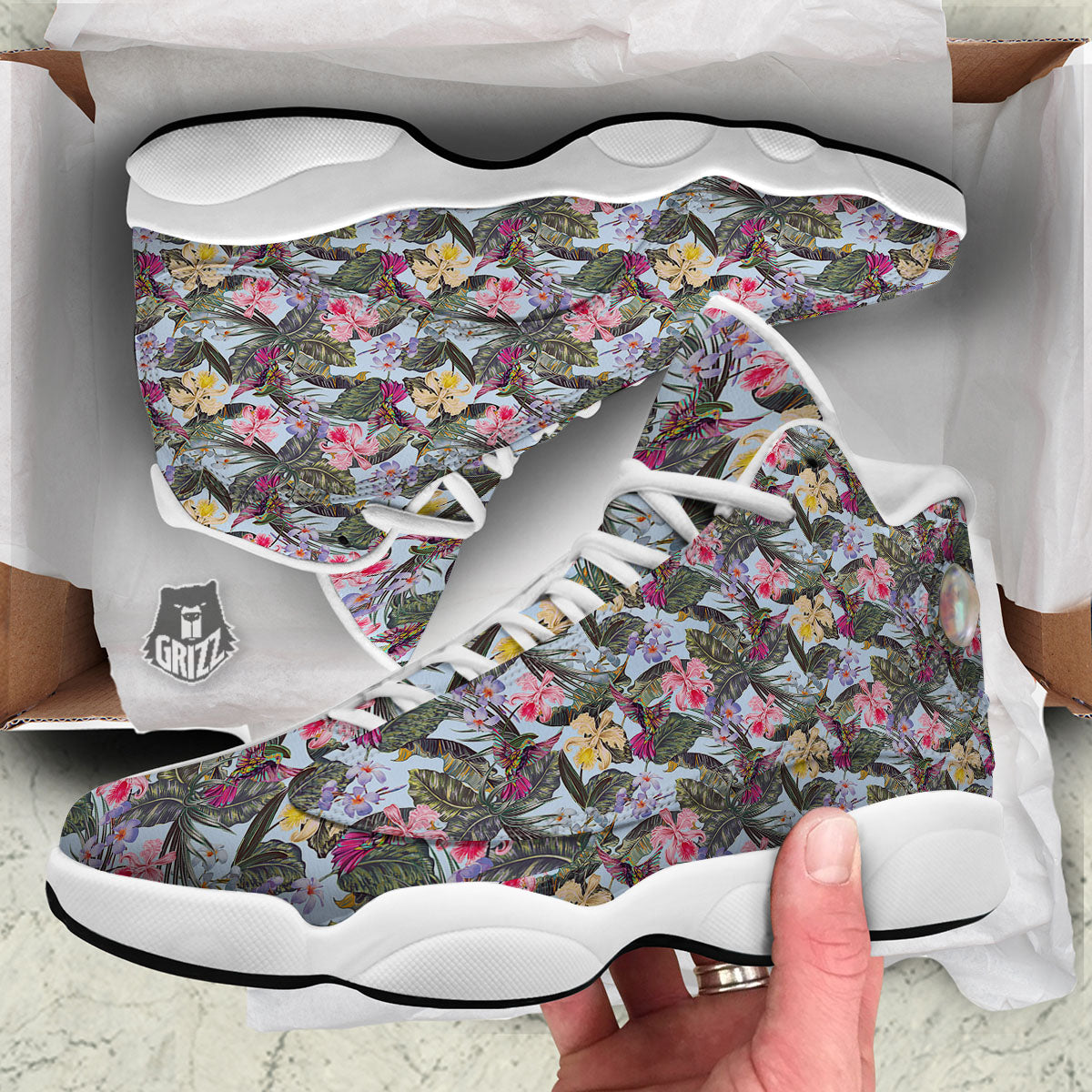 Hummingbird Tropical Print Pattern White Basketball Shoes-grizzshop