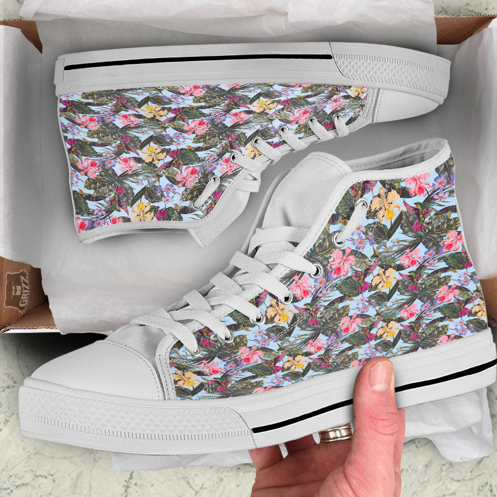 Hummingbird Tropical Print Pattern White High Top Shoes-grizzshop