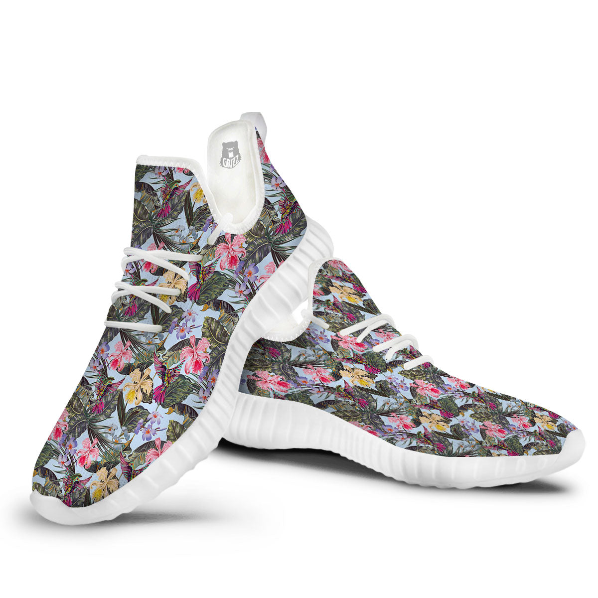 Hummingbird Tropical Print Pattern White Walking Shoes-grizzshop