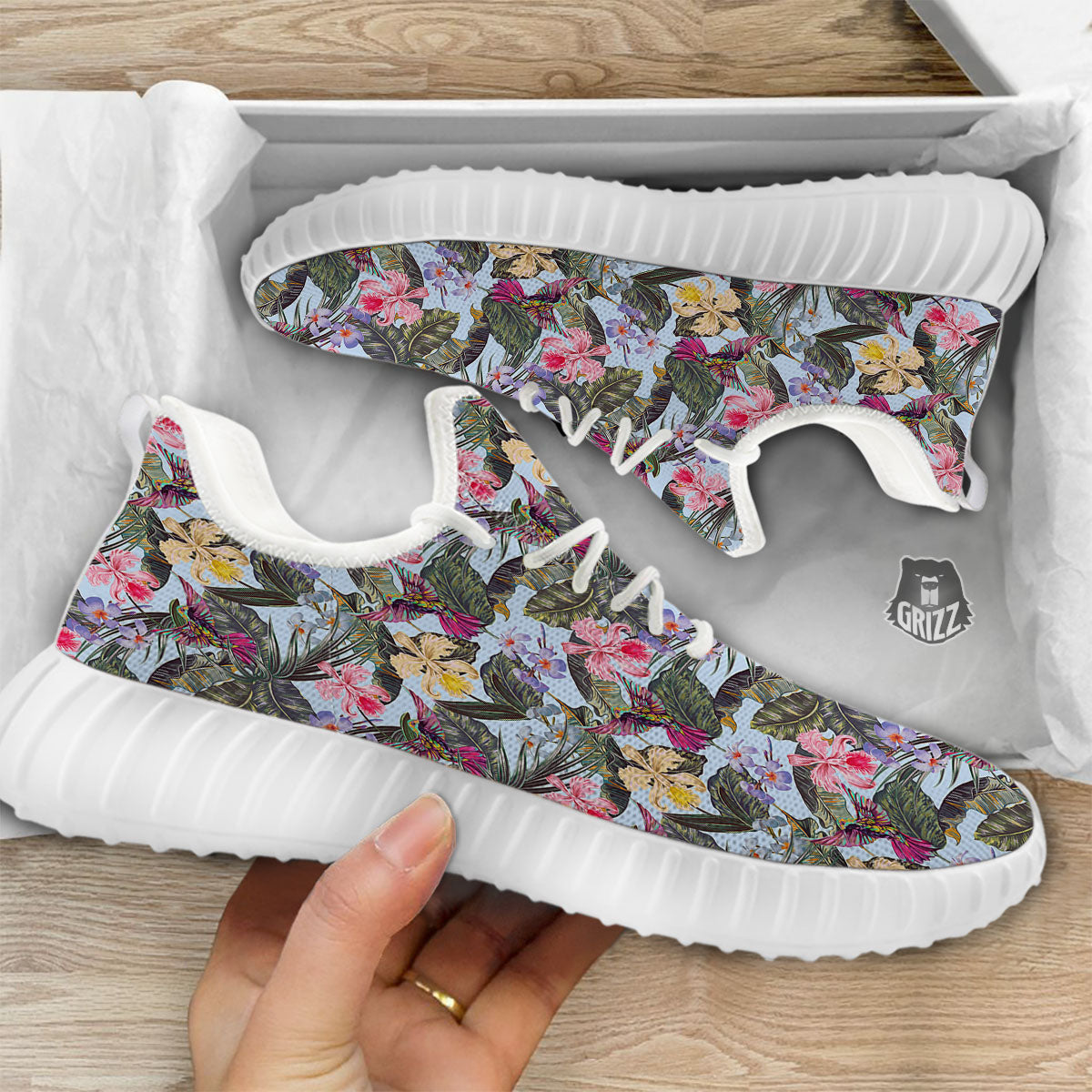 Hummingbird Tropical Print Pattern White Walking Shoes-grizzshop