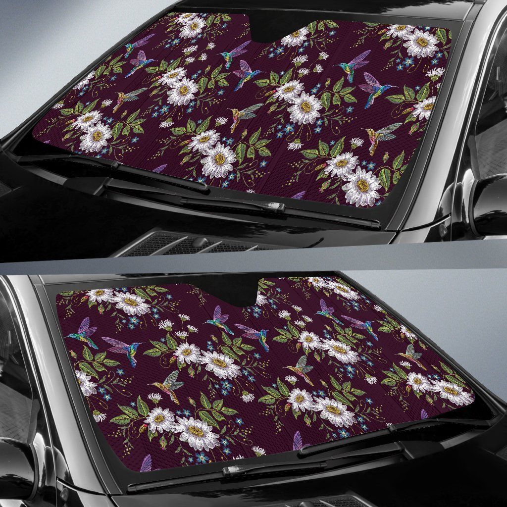 Hummingbird White Daisy Car Sun Shade-grizzshop