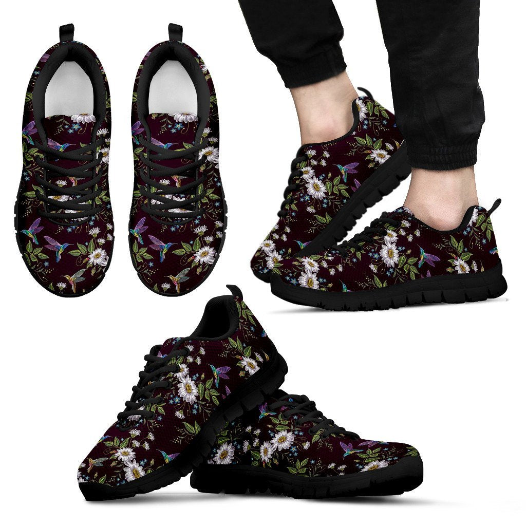 Hummingbird White Daisy Pattern Print Black Sneaker Shoes For Men Women-grizzshop