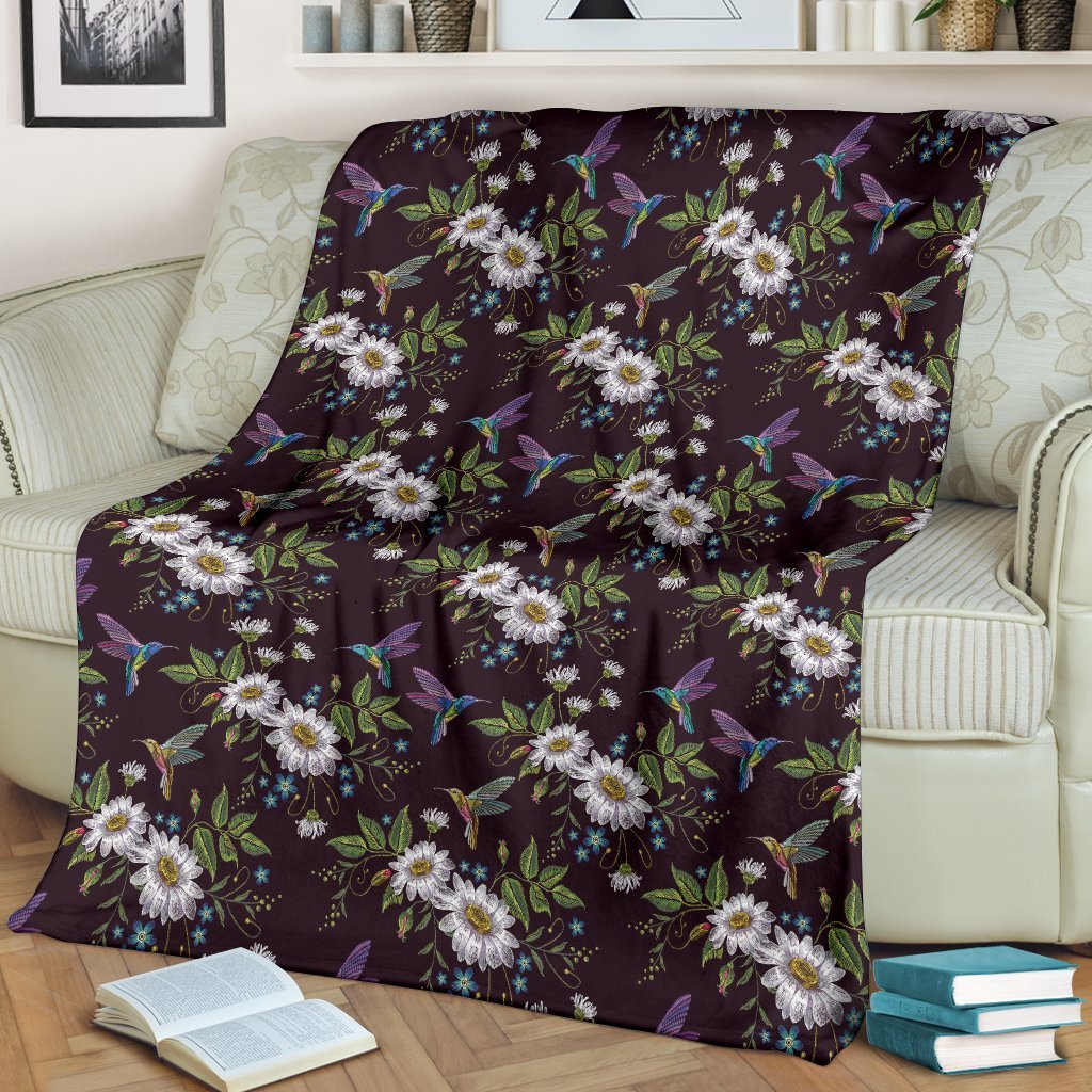 Hummingbird White Daisy Pattern Print Blanket-grizzshop