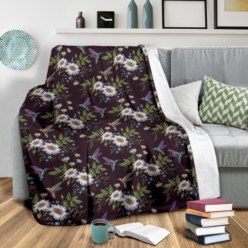 Hummingbird White Daisy Pattern Print Blanket-grizzshop