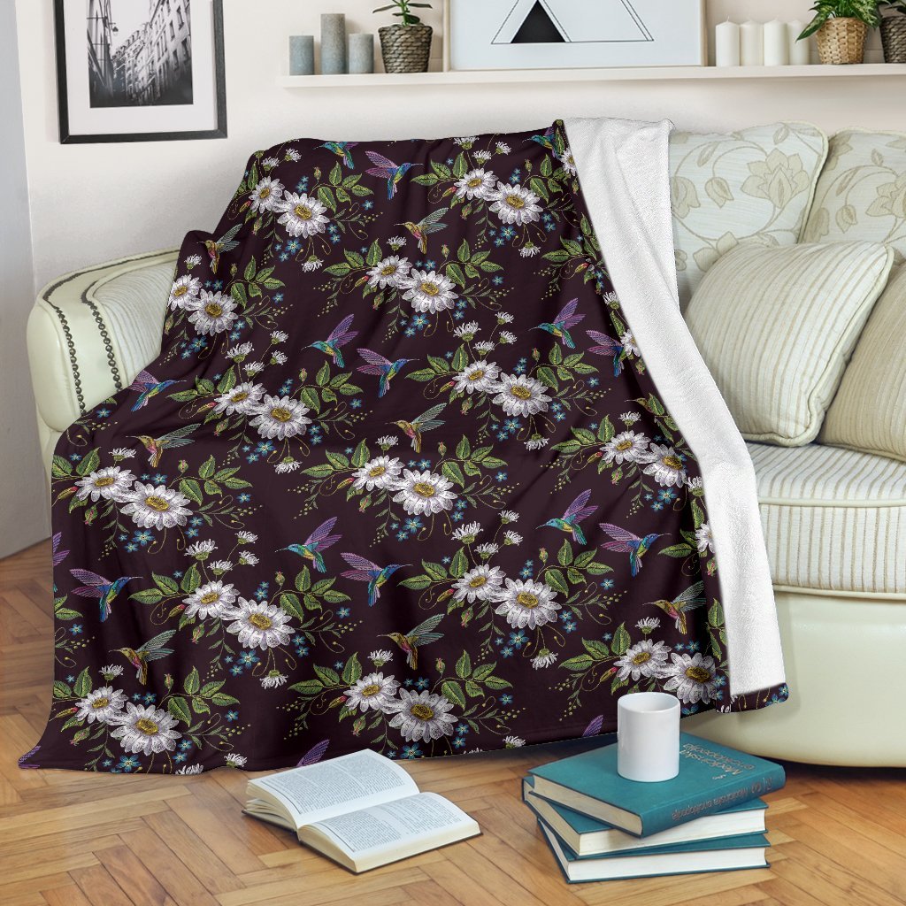 Hummingbird White Daisy Pattern Print Blanket-grizzshop