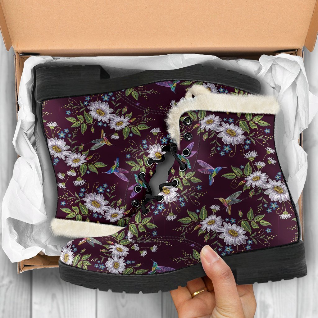 Hummingbird White Daisy Pattern Print Comfy Winter Boots-grizzshop