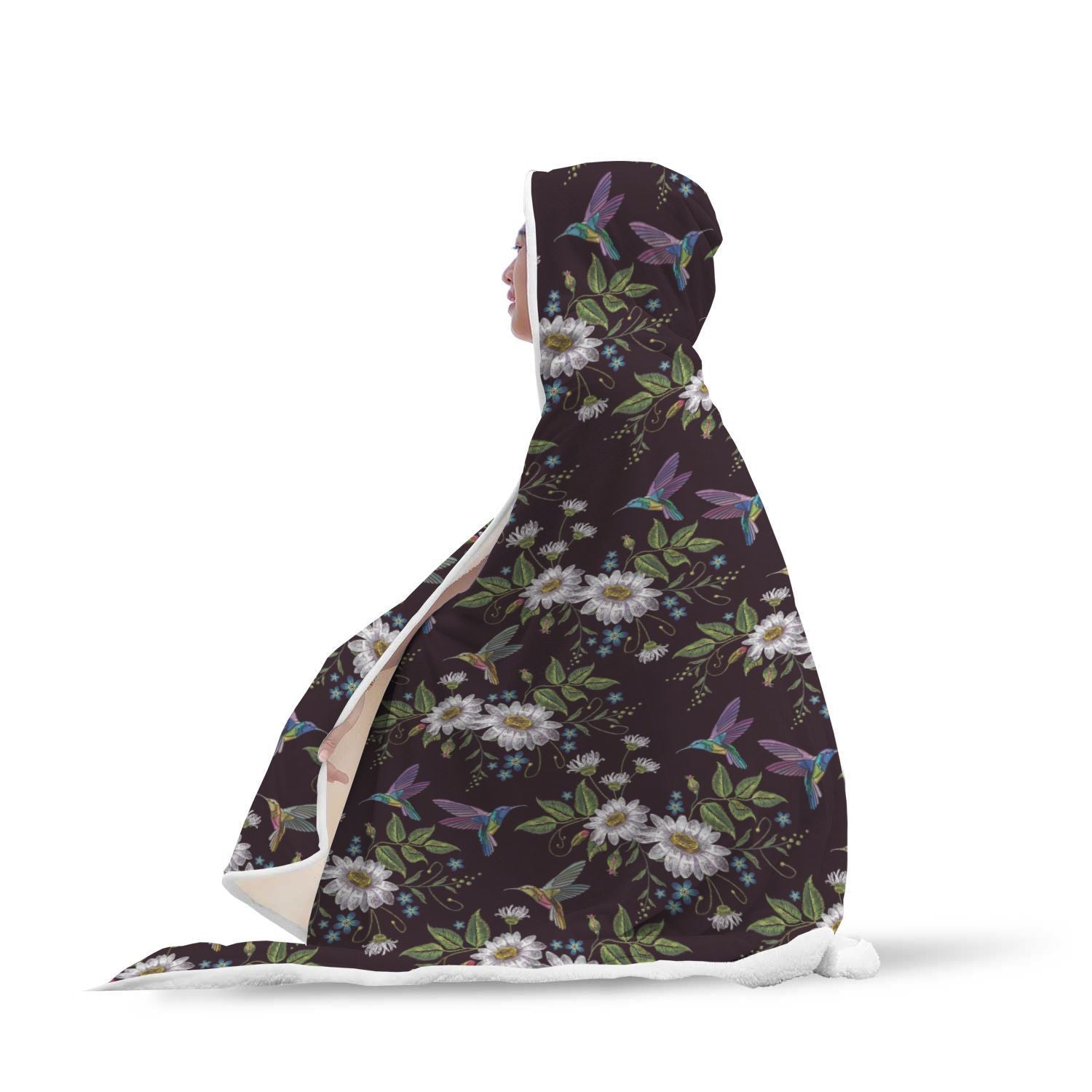 Hummingbird White Daisy Pattern Print Hooded Blanket-grizzshop