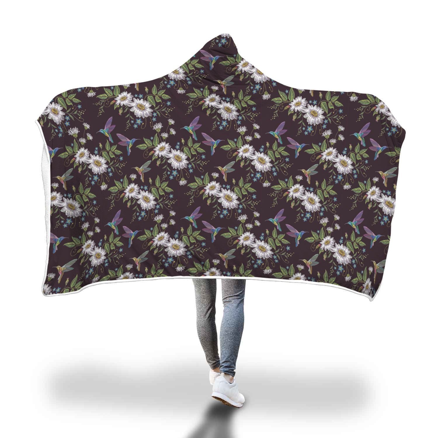 Hummingbird White Daisy Pattern Print Hooded Blanket-grizzshop