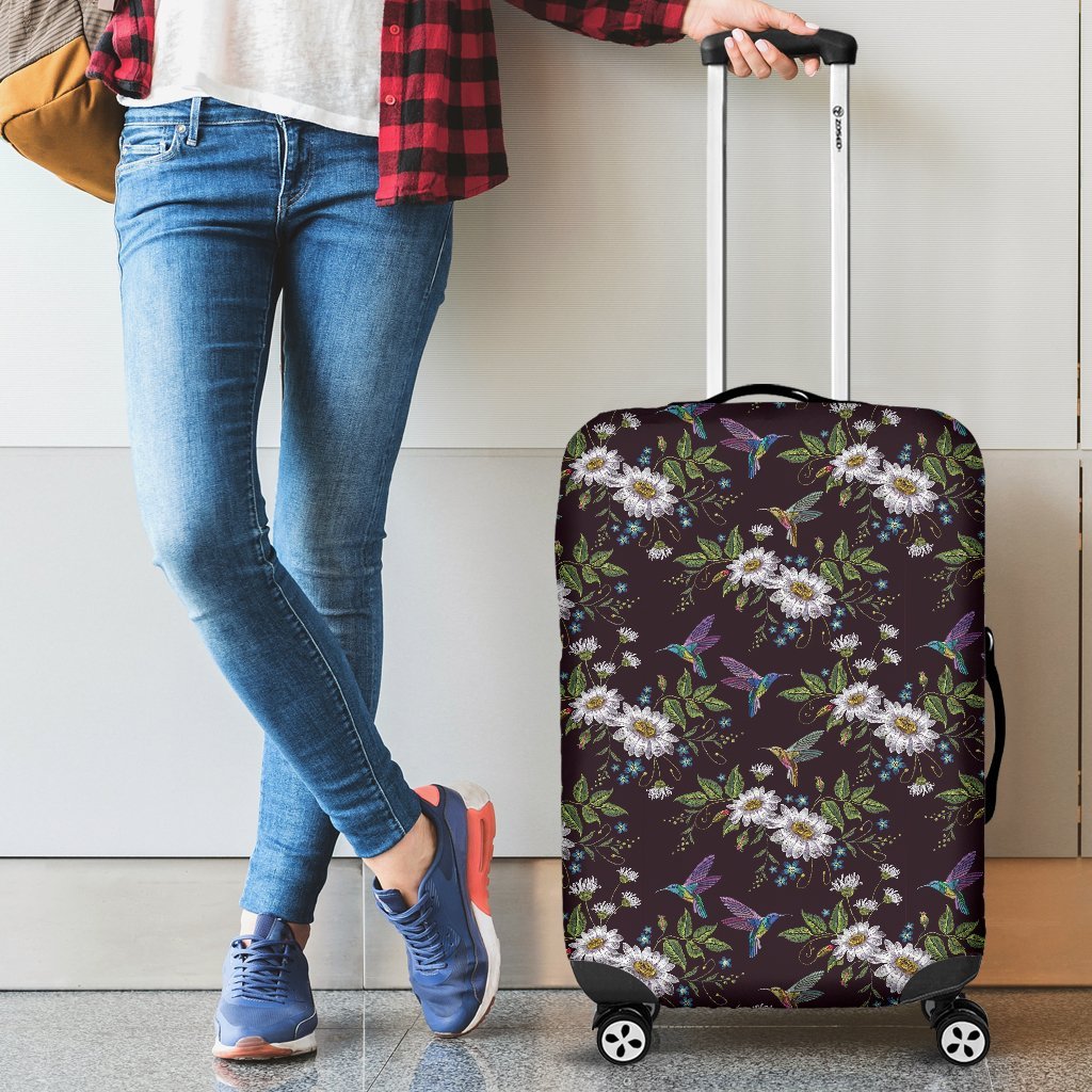 Hummingbird White Daisy Pattern Print Luggage Cover Protector-grizzshop