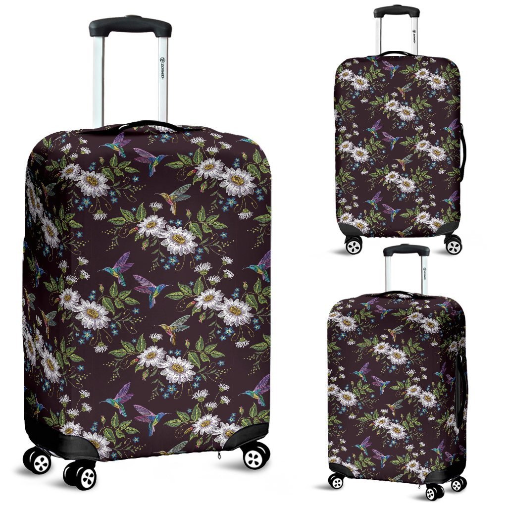 Hummingbird White Daisy Pattern Print Luggage Cover Protector-grizzshop