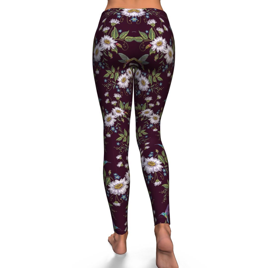 Hummingbird White Daisy Pattern Print Pattern Women Leggings-grizzshop