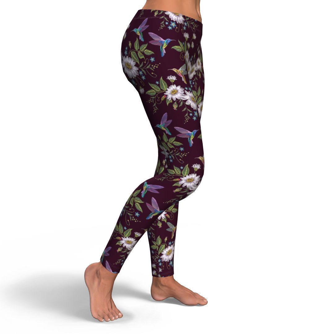 Hummingbird White Daisy Pattern Print Pattern Women Leggings-grizzshop