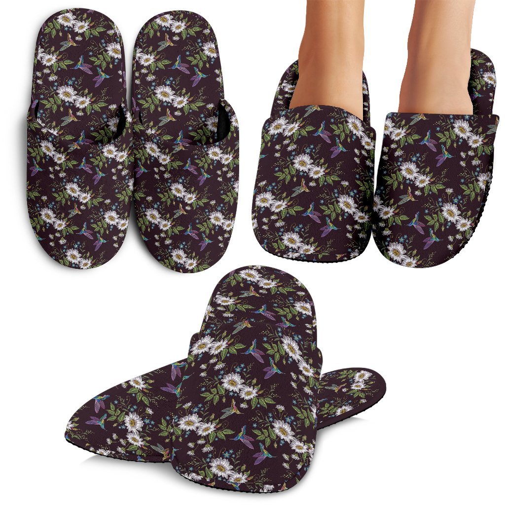Hummingbird White Daisy Pattern Print Premium Home Slippers-grizzshop