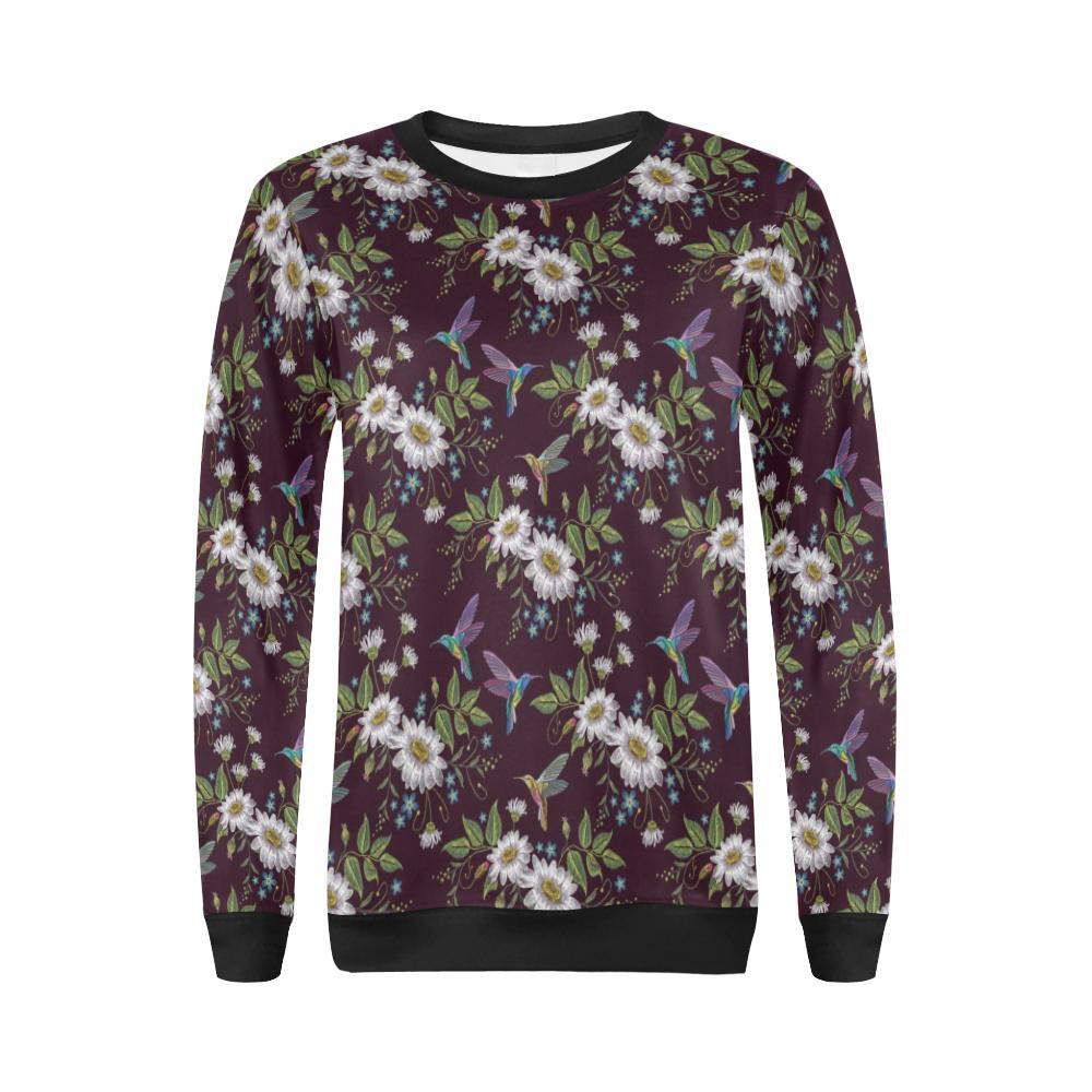 Hummingbird White Daisy Pattern Print Women Crewneck Sweatshirt-grizzshop