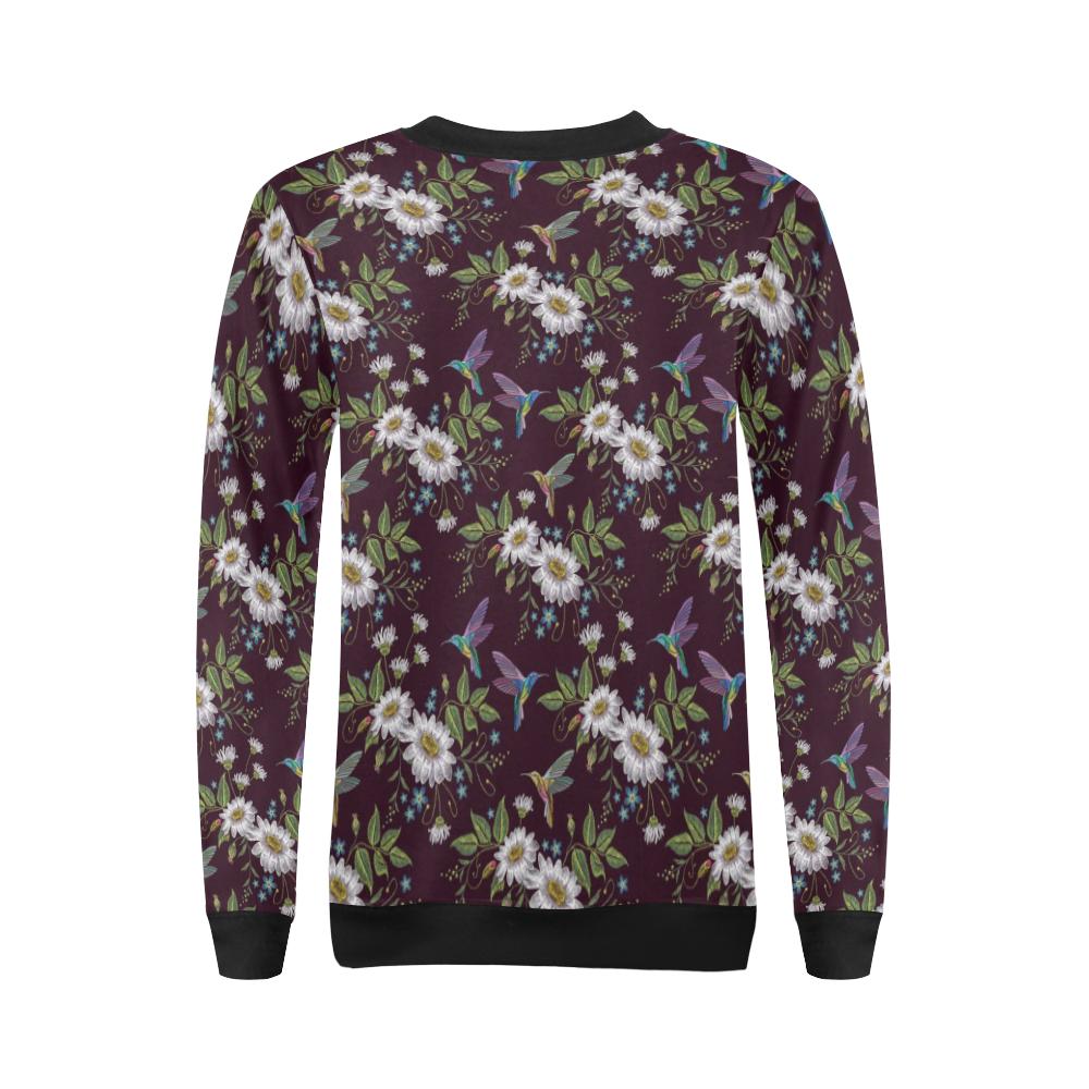 Hummingbird White Daisy Pattern Print Women Crewneck Sweatshirt-grizzshop