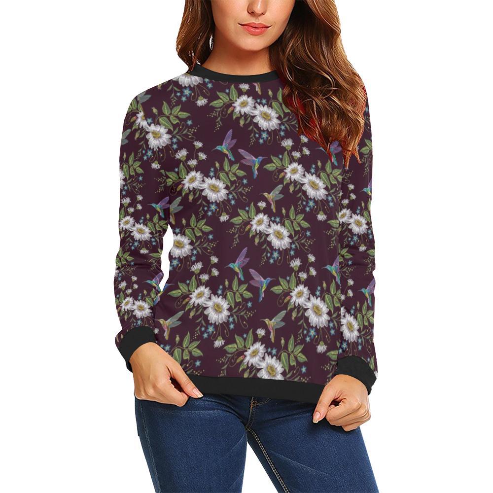 Hummingbird White Daisy Pattern Print Women Crewneck Sweatshirt-grizzshop