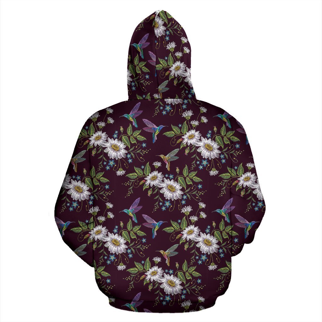 Hummingbird White Daisy Pattern Print Women Men Pullover Hoodie-grizzshop