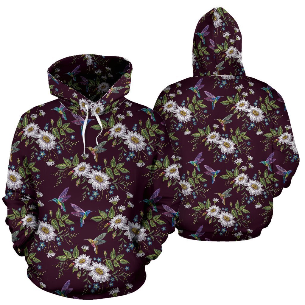 Hummingbird White Daisy Pattern Print Women Men Pullover Hoodie-grizzshop