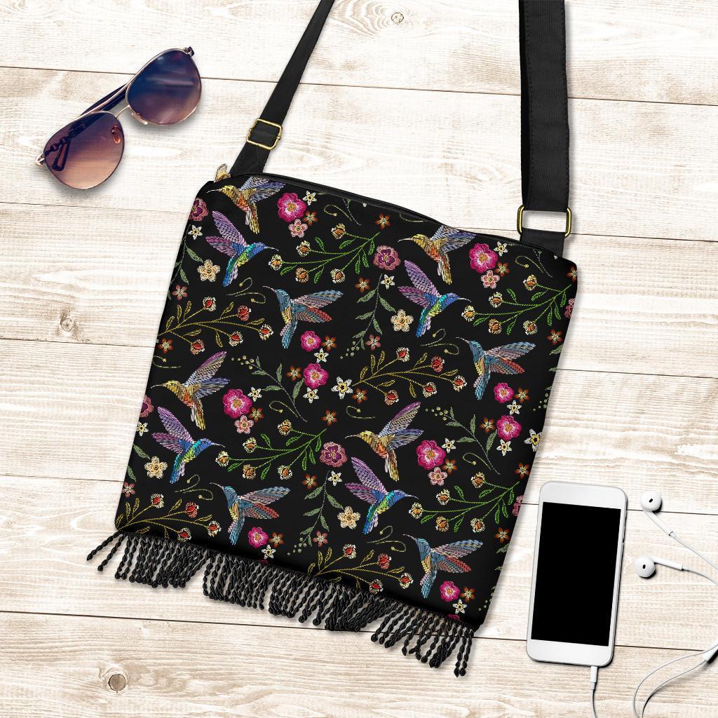 Hummingbird White Floral Crossbody Bags-grizzshop