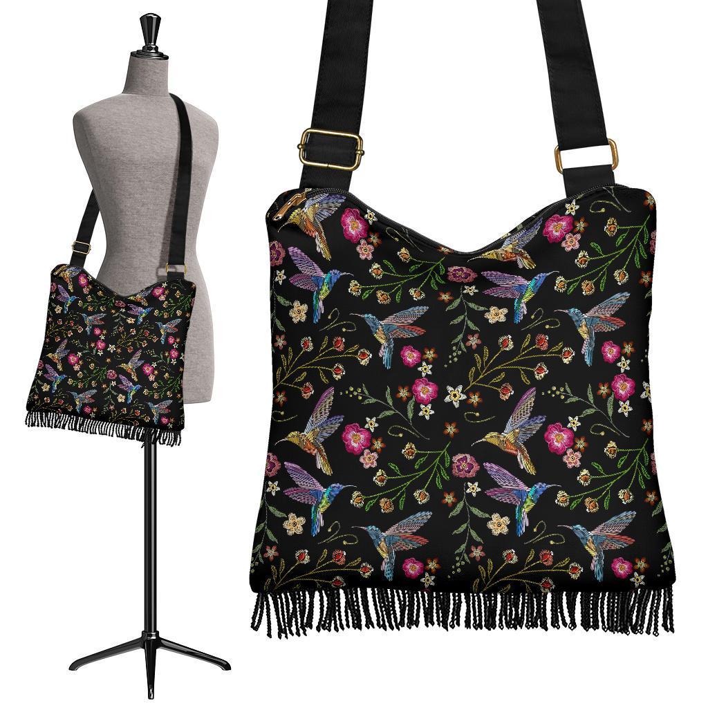 Hummingbird White Floral Crossbody Bags-grizzshop