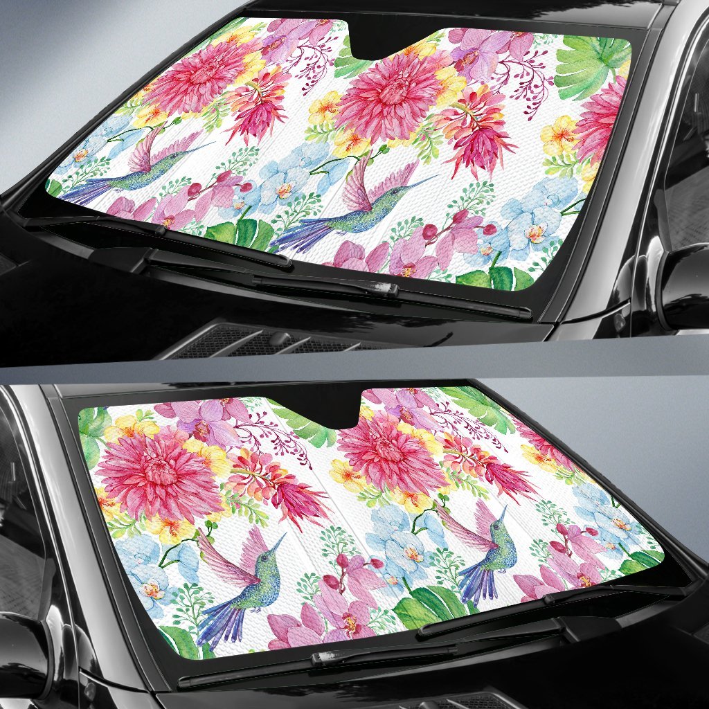 Hummingbird White Floral Drawing Car Sun Shade-grizzshop