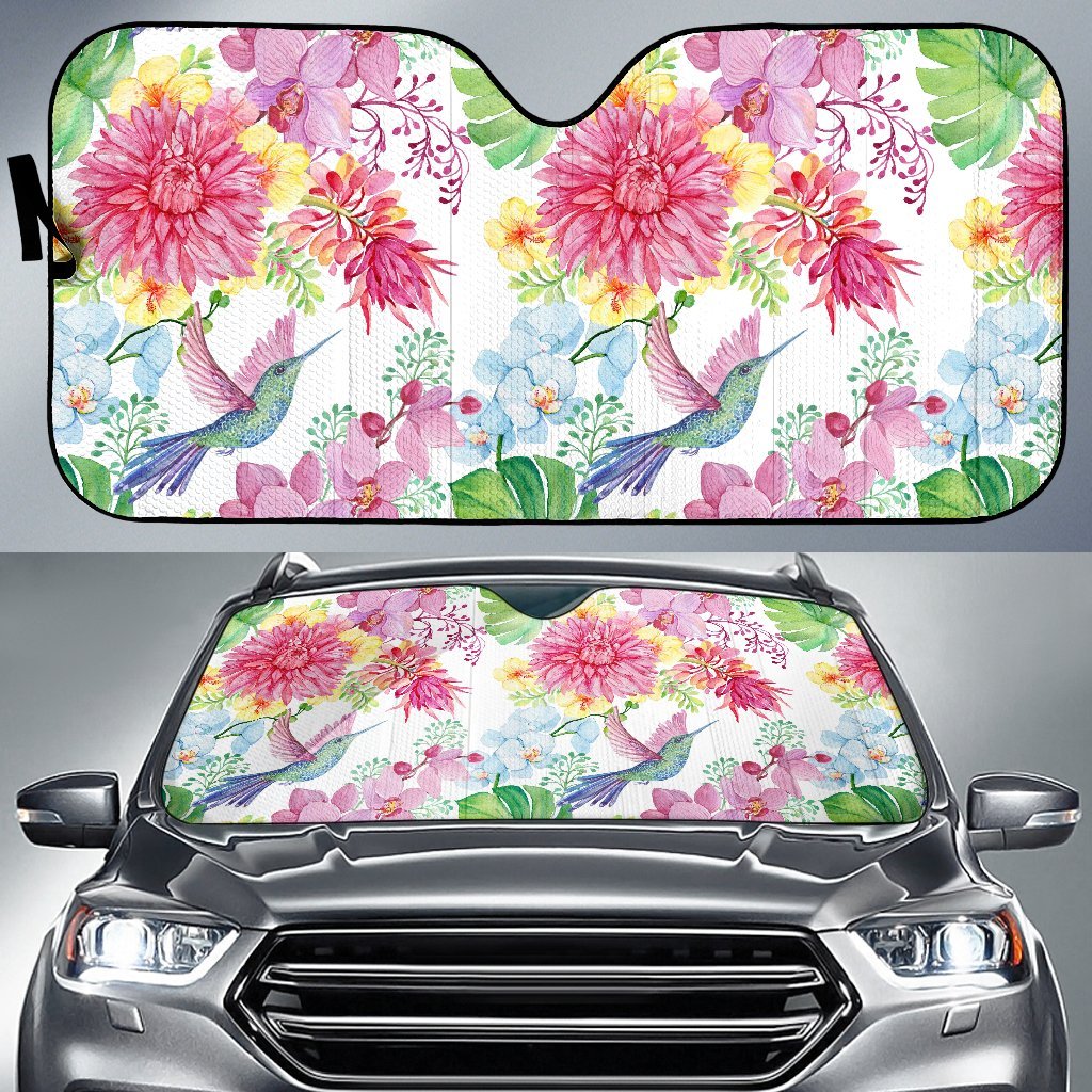 Hummingbird White Floral Drawing Car Sun Shade-grizzshop