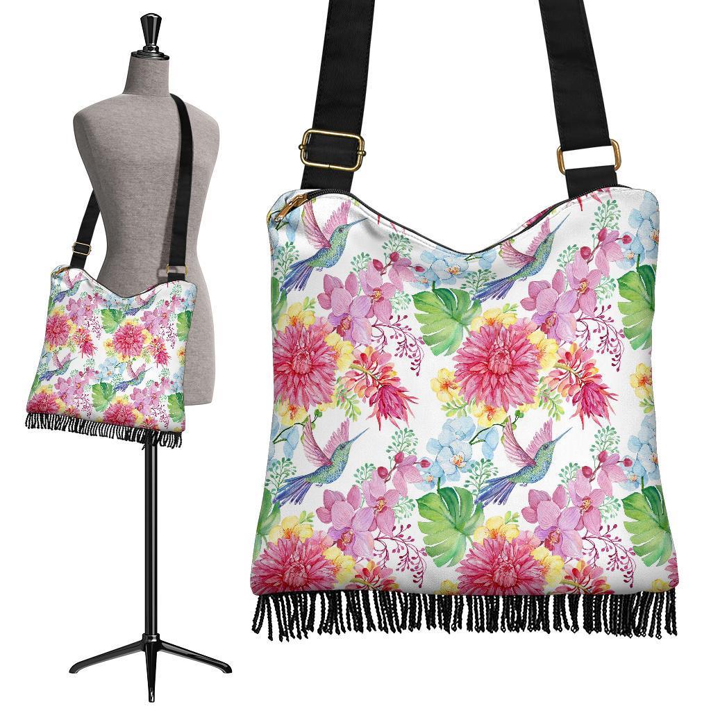 Hummingbird White Floral Drawing Crossbody Bags-grizzshop