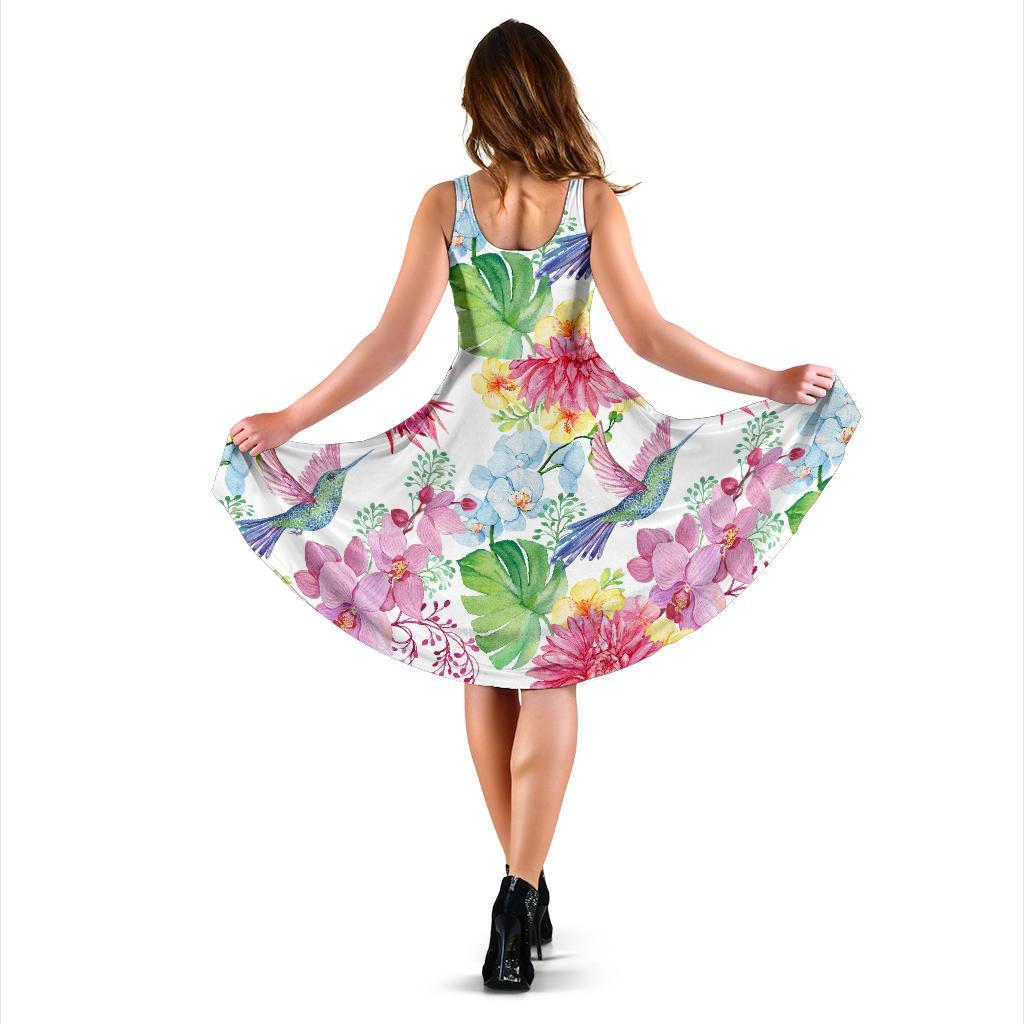 Hummingbird White Floral Drawing Dress-grizzshop