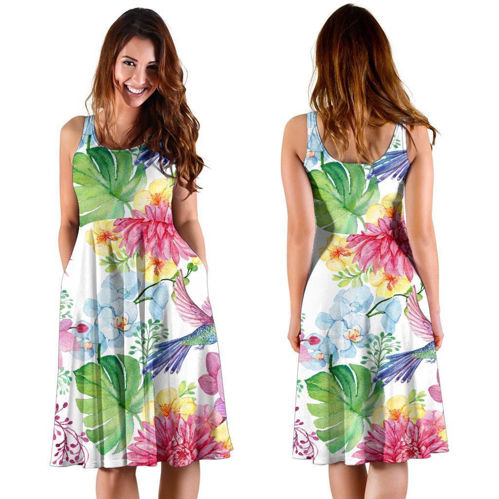 Hummingbird White Floral Drawing Dress-grizzshop