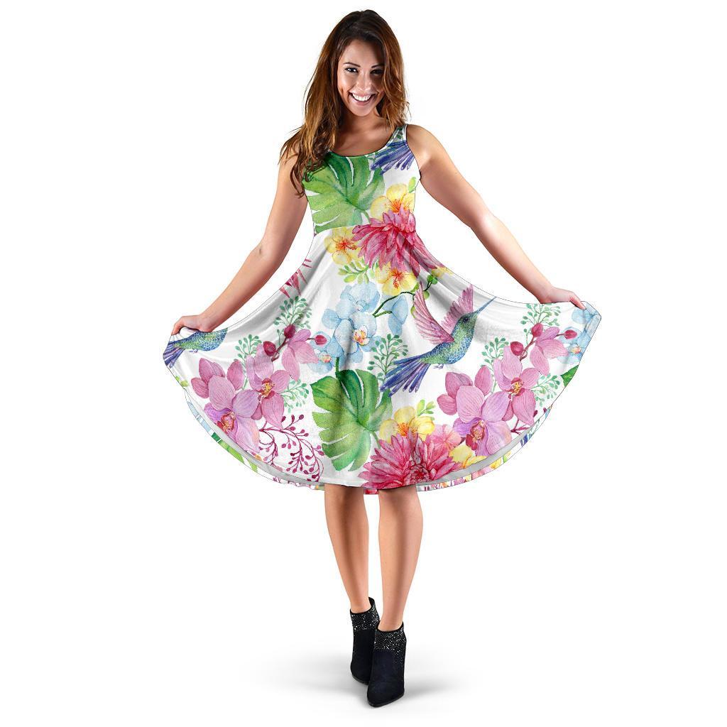 Hummingbird White Floral Drawing Dress-grizzshop