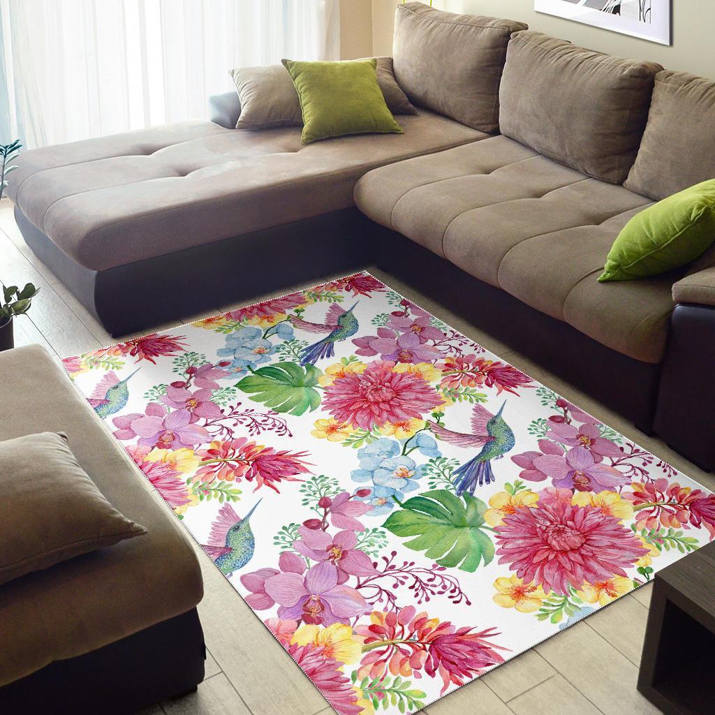 Hummingbird White Floral Drawing Floor Mat-grizzshop