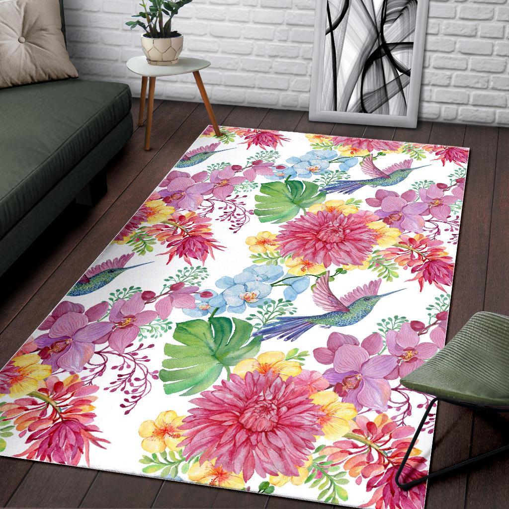 Hummingbird White Floral Drawing Floor Mat-grizzshop