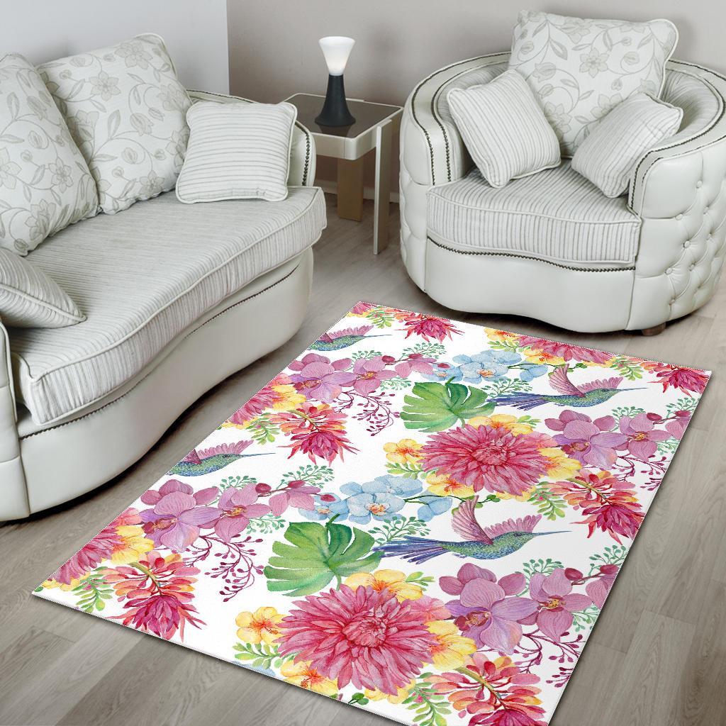 Hummingbird White Floral Drawing Floor Mat-grizzshop