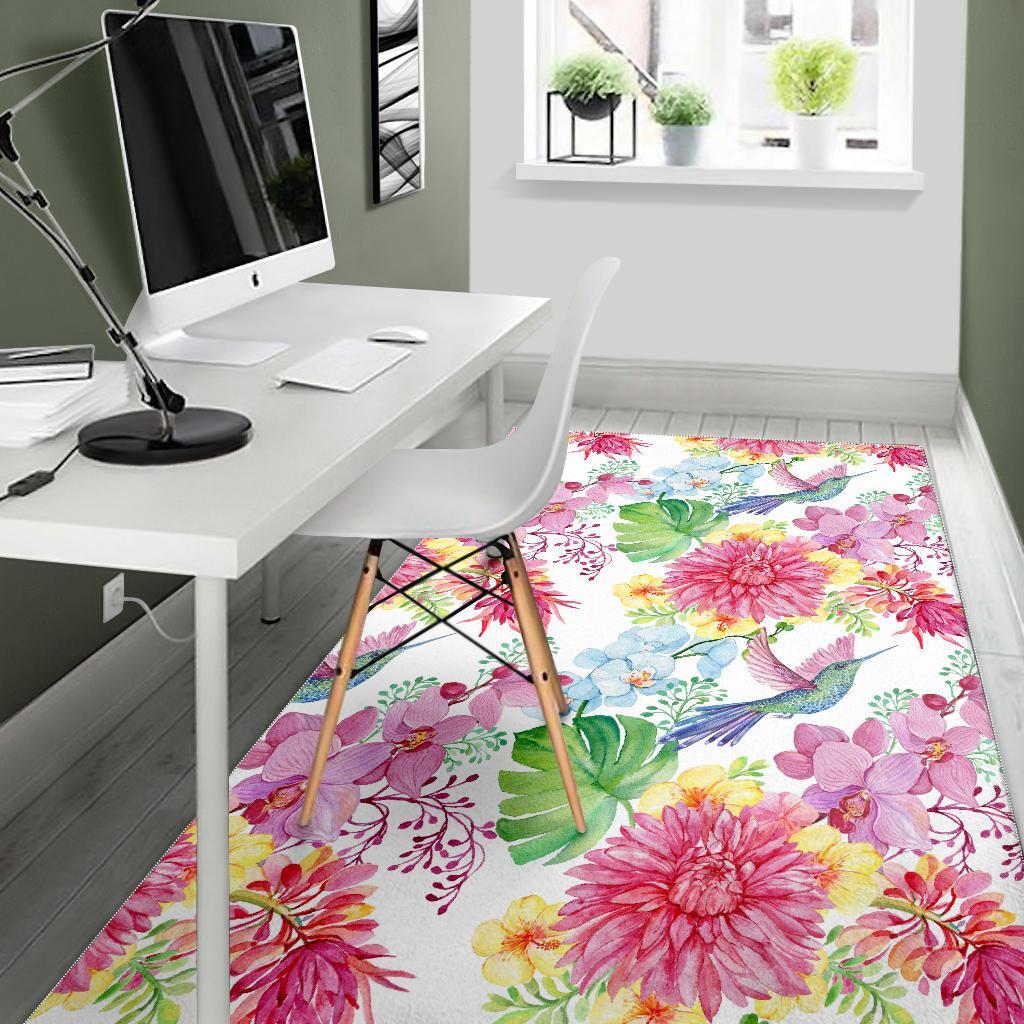 Hummingbird White Floral Drawing Floor Mat-grizzshop