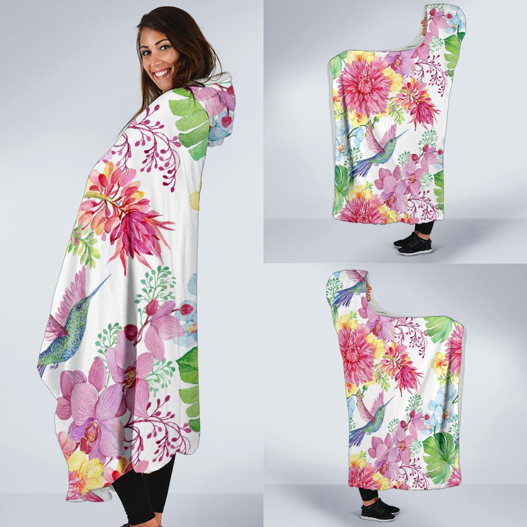 Hummingbird White Floral Drawing Hooded Blanket-grizzshop