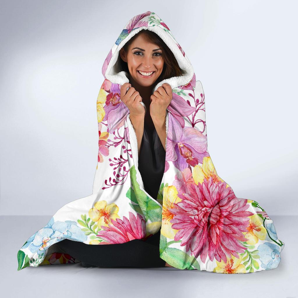 Hummingbird White Floral Drawing Hooded Blanket-grizzshop