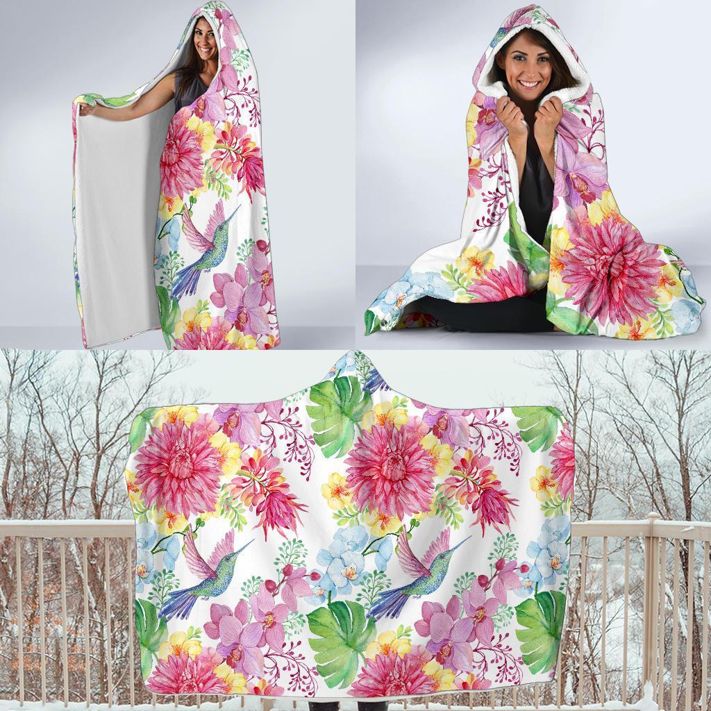 Hummingbird White Floral Drawing Hooded Blanket-grizzshop