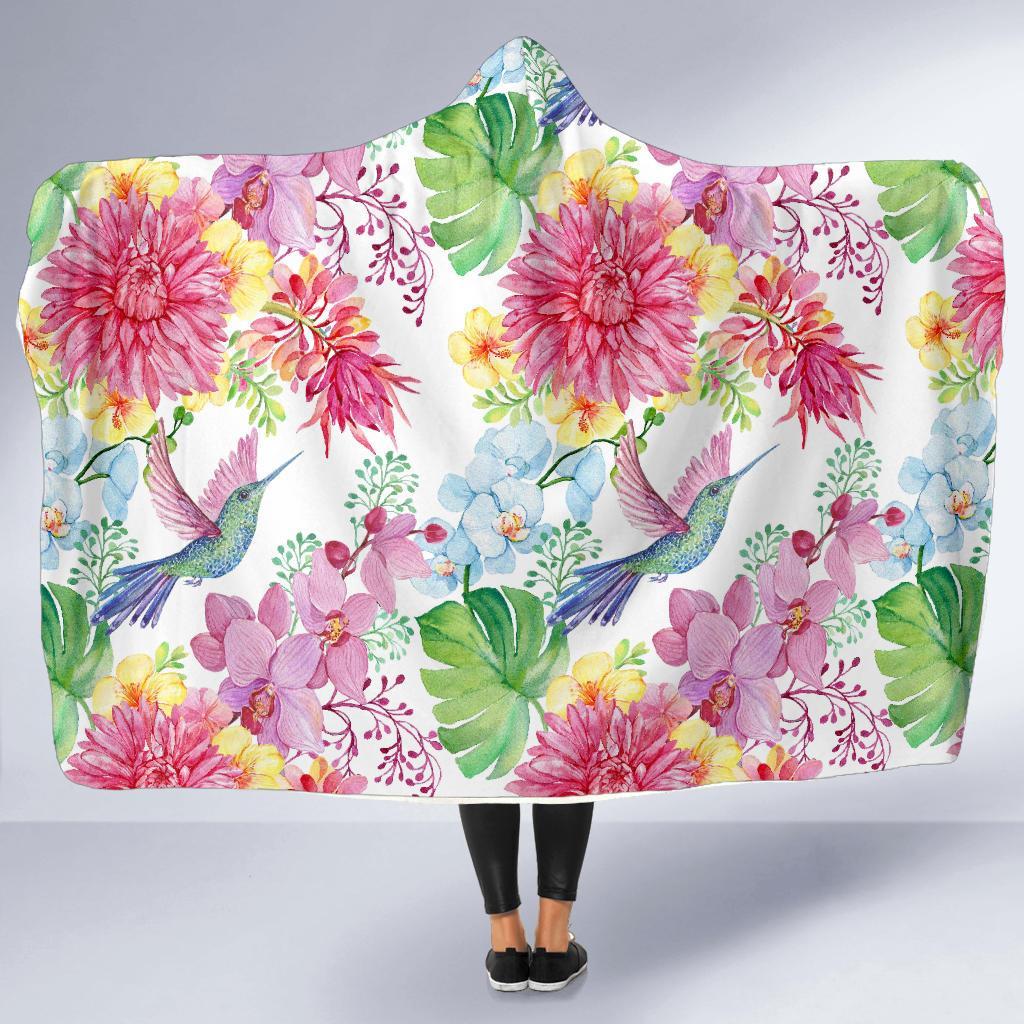 Hummingbird White Floral Drawing Hooded Blanket-grizzshop