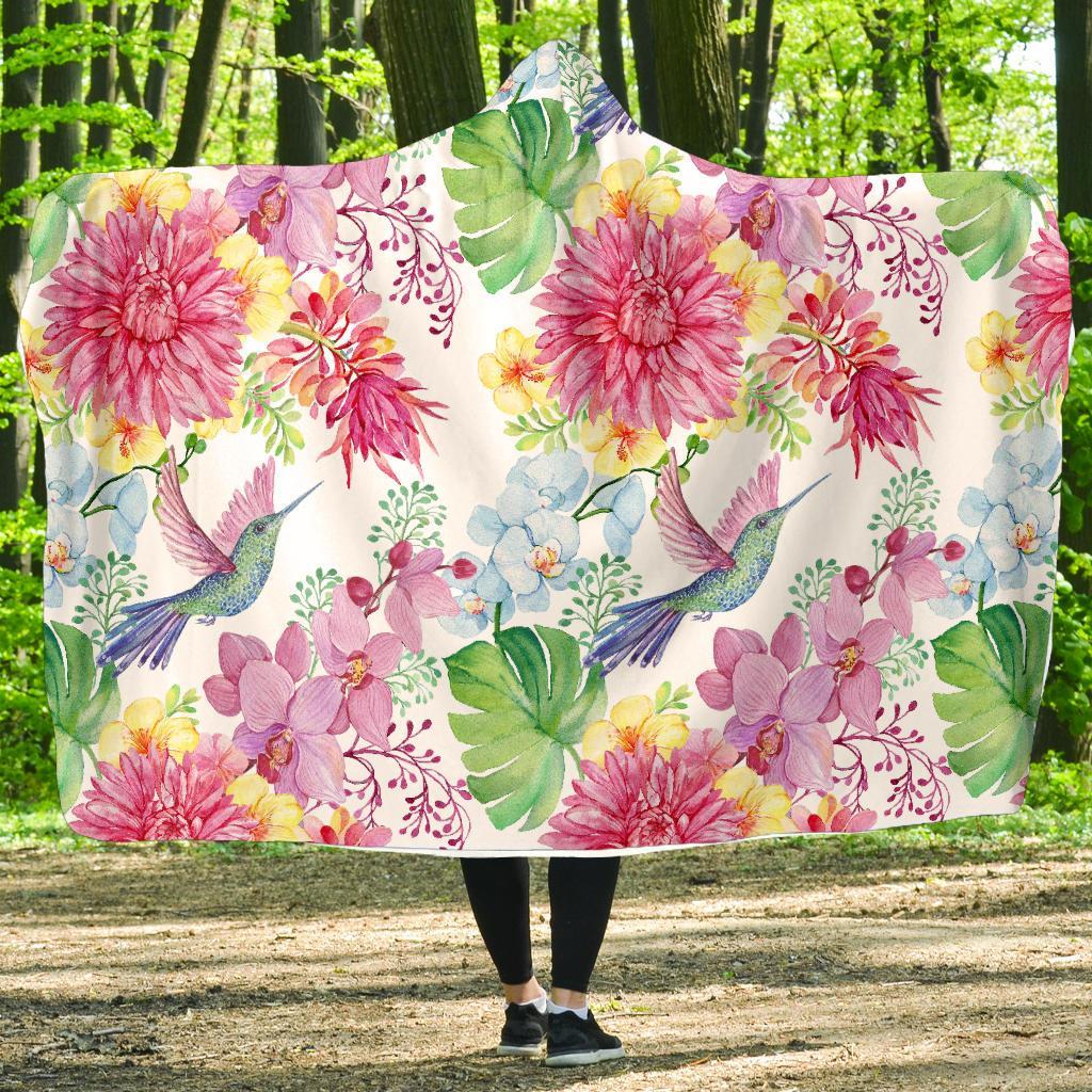 Hummingbird White Floral Drawing Hooded Blanket-grizzshop