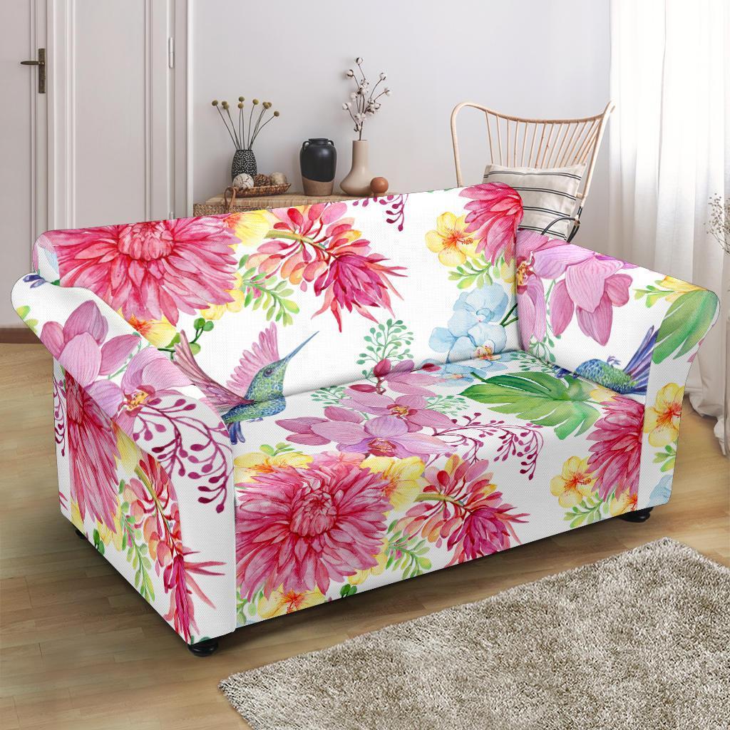 Hummingbird White Floral Drawing Loveseat Cover-grizzshop